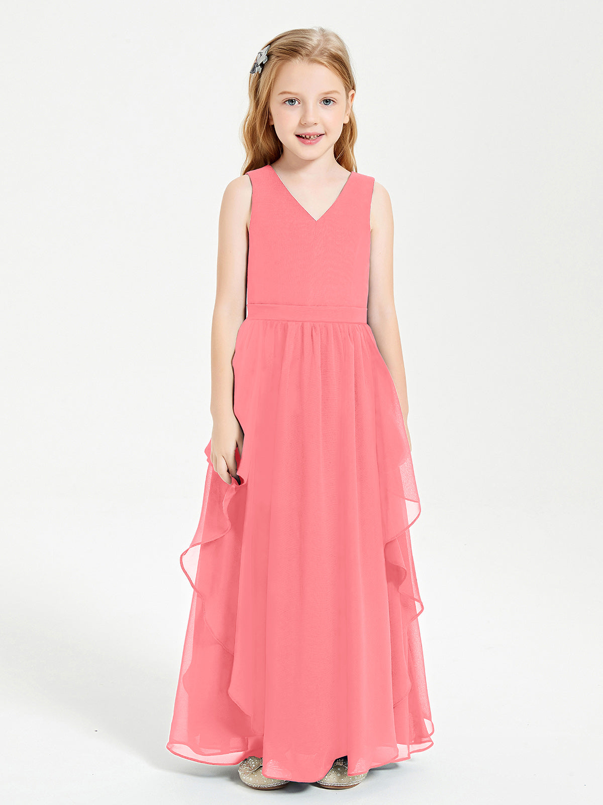 Boho Sleeveless Chiffon Junior Bridesmaid Dresses V-neck Watermelon